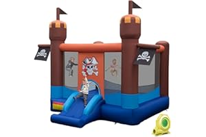 DREAMADE Piraten-Hüpfburg Aufblasbar mit Gebläse, Hüpfschloss mit Rutsche & Sprungbereich, Springburg für Kinder 3-10 Jahre, Spielburg mit Erdnägeln, Reparaturset & Tragetasche (mit Gebläse)