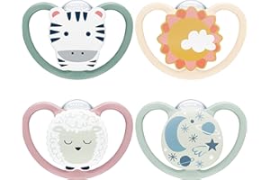 NUK Space Day & Night Smoczek dla niemowląt | 18-36 miesięcy | Świecące smoczki z bardzo dużymi otworami wentylacyjnymi dla skóry wrażliwej, silikon bez BPA, zebra i owca, zestaw 4 szt