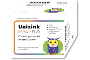 ‎UNIZINK Unizink IMMUN PLUS – Nährstoff-Komplex mit Zink, Vitamin C, D3 und E sowie Selen, Bioflavonoiden und Beta-Glucan, unterstützt eine normale Funktion des Immunsystems, gluten- & laktosefrei, 90 St
