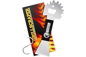 MOUNTAIN GRILLERS Raschietto per griglia per barbecue – Adatta a quasi tutte le griglie, fumi o griglie da forno – Strumento compatto antiscivolo in acciaio inox per la pulizia della griglia con apribottiglie integrato