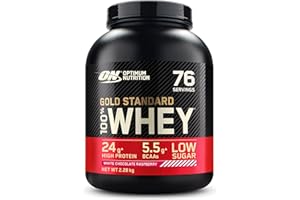 Optimum Nutrition Gold Standard 100% Whey, Poudre de Protéines pour Construction et Récupération Musculaire, avec Glutamine, Acides Aminés BCAA Naturels, Chocolat Blanc Framboise, 76 Portions, 2,28 kg