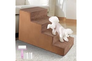 MIDOUAUTOUK Dog Steps for High Bed Sofa, 4-Steps Dog Stairs, Dog Ramps for small dogs Non-Slip Pet Sofa Foam Ladder with Washable & Zippered Cover for Injured Dogs Cats Brown 15.8 * 28.3 * 19.7” Lint Roller Gift