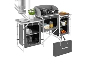 TecTake® Meuble de Rangement Cuisine de Camping Pliable en Aluminium, avec Étagères, Plan de Travail, Pieds réglables, Sac de Transport Inclus, Stockage pour Vaisselle, Accessoires Cuisine, Aliments