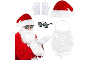 Bailtouk 4 Piezas Gorro de Papá Noel Adecuados, Gorro Navidad con Barba, Sombrero de Papá Noel con Barba Gafas Guantes Disfraz Papa Noel Accesorios para Disfraces de Papá Noel para Navideña