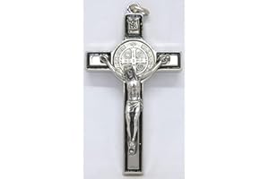 GTBITALY 10.026.11 croce di san benedetto misura 8 cm con riga nera smaltato a mano argento esorcismo esorcista