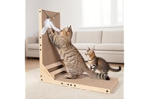 Pawtasy Cat Scratcher with Ball Toy, L Shaped Scratching Board Durable Cardboard Scratcher for Indoor Cats, Scratch Pad Wall Mounted, Heavy Duty, Double-Sided Usability