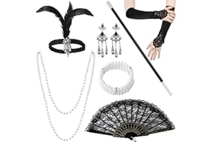 Shinybox Kostium damski w stylu lat 20. XX wieku, 7 sztuk, kostium damski, zestaw akcesoriów w stylu lat 20. XX wieku, zestaw sukienek, opaska na czoło, rękawiczki, naszyjnik, bransoletka, kolczyki, koronka, składany wachlarz na Halloween, karnawał