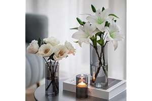 ‎HEWORY Hewory Vase Schwarz für Deko Wohnung: 3 Vasen Set Schick Blumenvase Modern Glasvasen für Tischdeko - Schönes Glasvase Zylinder Windlicht Glas Schwarz Vase Grau für Geschenk Freundin Esstisch Deko