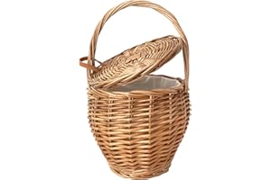 UPTALY 1 sac à main en osier naturel avec couvercle (20 x 34 cm), fait à la main, sac seau rétro avec couvercle, panier à fleurs rond, pot de fleurs suspendu, sac fourre-tout en rotin pour femme, sac