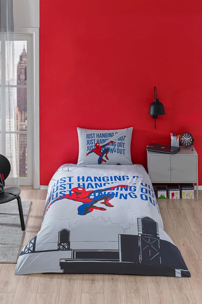 ÖZDİLEK Spiderman Blue Web Tek Kişilik Lisanslı Lastikli Çocuk Nevresim Takımı,Mavi 160 X 220