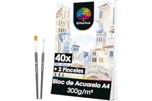 OfficeTree Watercolor Paper A4-40 hojas - Papel de acuarela 300 g - Hoja de acuarela A4 - Bloc de acuarela - Papel de dibujo blanco - Hoja de pintura con 2 pinceles gratis