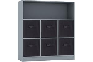 URBNLIVING Wooden Wide 7 Cubed Cupboard Bookcase Storage Units Shelves 6 Drawers Baskets (Black Drawer, Grey Bookcase)