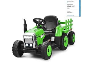 COSTWAY Trattore con Rimorchio Cavalcabile per Bambini 12V, Trattore Elettrico Telecomandato, con Luci e Suoni, 30kg, 3+ Anni (Verde)