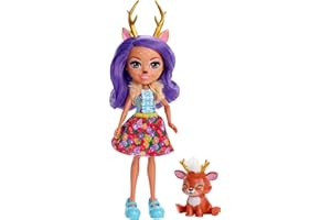 Enchantimals FXM75 Mini-poupée Danessa Biche et Figurine Animale Sprint aux Longs Cheveux Violets bouclés, Jupe Amovible et Faux col, Jouet pour Enfant, Multicolore