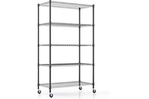 Himimi 5-poziomowy regał druciany na kółkach z nóżkami poziomującymi, regulowana wysokość metalowego regału magazynowego, stojące regały do pralni, łazienki, kuchni, spiżarni, 90 * 45 * 208CM, Czarny