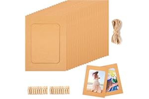 Gyxcelc 20 Stücke Fototaschen zum Aufhängen Hellbraun 10 x 15 cm Fotorahmen aus Pappe,Fotorahmen Papier Selbstklebende Bilderrahmen zum Foto Netz Klassenraum- mit Holzklammern und Hanfseilen