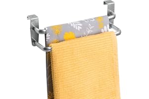 mDesign Double Tea Towel Holder for Hanging Over the Kitchen Cupboard Door - Towel Rack - No Drilling Necessary - Also Suitable as a Bath Towel Holder - Silver