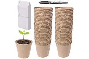 Abimars Biodegradable Fibre Seed Pots, 50 Pcs 8 cm Round Fibre Pots for Seedling with 50 Pcs Plastic Plant labels and Plant label pen