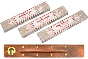 Original Satya White Sage Incense Sticks Pack of 3X 15G with Greensense Holder for Aromatherapy, Spa, Yoga, Weddings, Meditation, Healing, Positivity and Relaxation