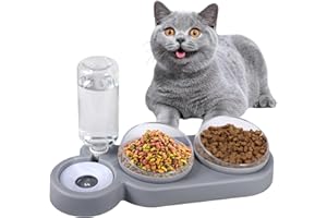 JAMATA 3-in-1 Katzennapf-Set mit 15° Neigung,Doppel-Futternapf für Nass- & Trockenfutter + Automatische Wasserflasche,Gesundheitsfördernd & Einfach zu Reinigen - Ideal für Katzen & Kleine Hunde