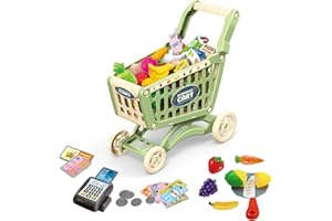 RedCrab Chariot de Courses Enfant, Ensemble de Jeu Chariot de Courses Comprenant 64 Pièces Produits D'épicerie, Goûter, Fruits, Légumes, Accessoires de Magasin Cadeau Jouet Éducatif