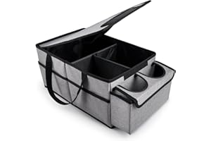 GUWINA Organisateurs et rangement de siège de voiture, organisateur de chargement et d'épicerie pour siège avant ou arrière, avec couvercle et 1 poche en filet, 2 porte-gobelets et 4 poches (gris)