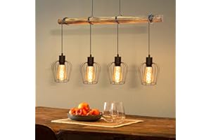 ‎ZMH ZMH Retro Pendelleuchte Vintage Hängelampe 4 flammige Holz Esszimmerlampe Pendellampe Wohnzimmer im Industrial Design mit höhenverstellbaren Strahlern - Schwar - Fassung: E27 - ohne Leuchtmittel