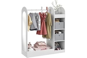 AIYAPLAY Kleiderstange für Kinder, Kleiderstange mit Aufbewahrungsregal, Boxen, Spiegel, Kinderschrank für Schlafzimmer, Kinderzimmer, Weiß