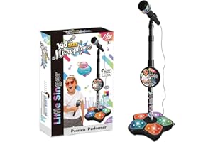 BOBETY Kids Microphone with Adjustable Stand - Karaoke Machine with Flashing Stage Lights - Sing Musical Toy for Girls & Boys - Adjustable Height Mic for Kids Parties (Black)