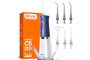 Bitvae Jet Dentaire Hydropulseur et Irrigateurs Oral avec 3 Modes de Pression d'eau et 5 Embouts Remplaçables, USB Chargé, Rechargeable et Étanche IPX7(Bleu)