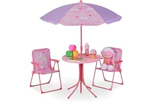 Relaxdays Mobiliario Infantil para Jardín, Sombrilla de Playa, Sillas Plegables, Mesa para Niños, Unicornio, Rosa