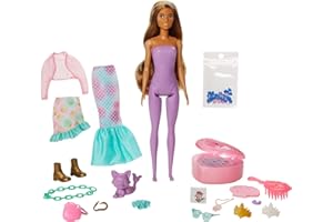 Barbie Color Reveal Peel Doll Set with 25 Surprises Including Purple Peel-able Doll & Pet, 16 Mystery Bags with Clothes & Accessories for Mermaid-Inspired Looks; 4Color-Change Features; Gift 3YO & up