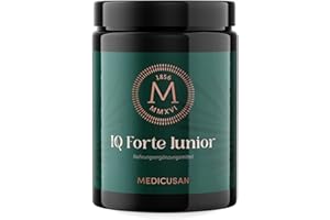 ‎MEDICUSAN Medicusan IQ Forte Junior – 1.500mg Ginkgo Biloba – 400mg Ginseng uvm. – 15% NRV Eisen, Zink, VitaminB12 & VitaminC aus natürlichen Quellen – Johannisbeergeschmack – Pulver zum Auflösen – 100g/30 Tage