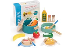 YUEONEWIN 22 pezzi di accessori da cucina in legno, set di giocattoli da cucina per bambini, gioco di ruolo in cucina, set di pentole e padelle da cucina per ragazze, ragazzi, 3, 4, 5, 6 anni