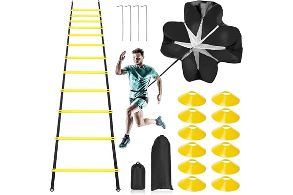 Rainmae Pro Speed Kit d'entraînement d'agilité Comprenant 12 échelons de 6 m réglable avec Sac, 12 cônes de Sport, 4 piquets en Acier, 1 Parachute de résistance pour Enfants et Adultes