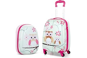 GYMAX 2Pcs Kids Luggage Set, 16"/18" & 12" Girls Suitcase and Backpack Set with 4 Spinner Wheels, Hard Shell Children Trolley Case for Travel School (Light Green+Pink, 12" & 16")