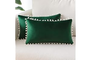 Sungeek Confezione da 2 Federe Cuscini Decorativi Copricuscini Divano in Morbido Velluto con Pon Pon Fodere per Cuscini per Divano Letto Soggiorno Camera da Letto (30x50cm, Verde Scuro)