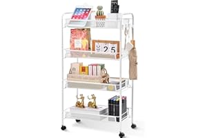 Urackify Carrello a 4 livelli con ruote, facile da montare, piccolo carrello portaoggetti per cucina, bagno, lavanderia, bianco