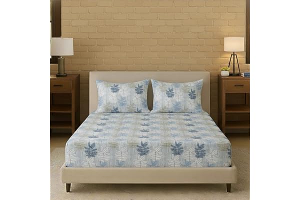 Trance Home Linen 100% Cotton 180Tc 78"X60" Standard Queen Size Elastic Fitted Bedsheet Printed Queen Bed Size Elasticated Fitted Bedspread With 2 Pillow Covers(Queen 78X60 Inch,Ferns Blue),180 TC