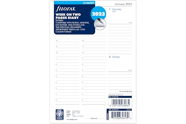 Filofax Agenda multifit 2023 en anglais, format A5, d'une semaine sur deux pages, blanc