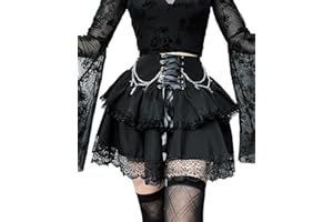 DINGJIUYAN 2 Layered Mini Skirt with Chains Gothic Y2k Ruffle Pleated Skirts Steampunk Lace Hem Front Bandage Short Skirt