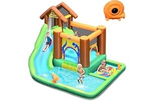 DREAMADE Aufblasbare Hüpfburg, Wasserpark mit Rutsche Planschbecken Kletterwand Wasserkanone Bällebad, Wasserrutsche für Kinder 3-10 Jahren, 368x303x230cm (mit Gebläse)