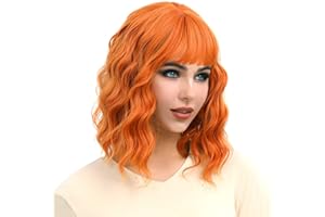 Colorful panda Orange kurze gewellte bob perücken mit Pony für frauen, schulterlange lockige synthetische perücke, natürliches haar hitzebeständige faser perücke 14 Zoll