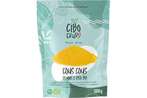 CIBO CRUDO CRUDO BIOLOGICO VEGAN Cous Cous di Mais e Riso Biologico e Crudo - 500g. 70% Mais e 30% Riso. Cous Cous Naturalmente Senza Glutine. Ricco di Carboidrati e Fonte di Fibre. Versatile per Ricette Dolci o Salate.