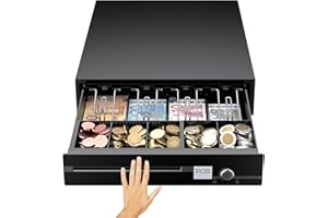 POS VALLEY Kassenschublade Push - Druckknopf Öffnung, mit 5 Münzfach und 4 Scheinfächer (euro), Abschließbar - Kassenlade, Geldschublade, Kassen Schublade - 33x37x9 cm (Schwarz)