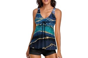 wihnsinop Tankini Damen Bauchweg Badeanzug Push Up Oberteil mit Badeshorts Bademode Set Zweiteiler Sommer Drucken Badeanzüge für Damen Strand Ferien Freizeit