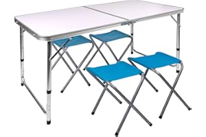 AKTIVE Mesa plegable portátil camping para 4 personas, Altura regulable, incluye 4 taburetes, jardín, con sillas dentro, Conjunto mesas y sillas plegable (52893)