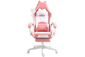 Dowinx Krzesło gamingowe, edycja słodkiego kota, ergonomiczne krzesło komputerowe z wysokim oparciem i podparciem okolic lędźwiowych, skóra PU, podnóżek, różowe, LS-6655