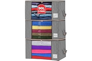 OH MY HOME Clothes Storage Bags with Zips 90L Pack of 3 Large Capacity Foldable Breathable Storage Boxes with Thick Reinforced Handles Transparent Window Grey Storage Bags for Toys, Clothing, Bedding, Blankets