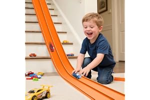 Flex Tracks 4.5M Flexible Race Car Track for Kids 3+, Race Car Ramp Track Compatible with Hot Wheels and Die Cut 1/64 Car, Portable Rolls Up Race Tracks with Strong Suction Cups (Orange)